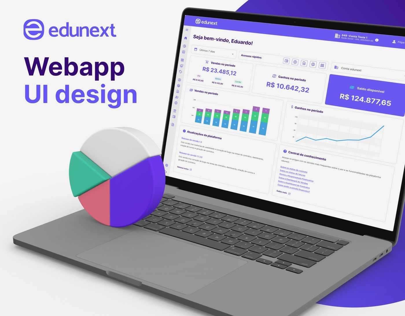 Dashboard financeiro do webapp da edunext em um notebook
